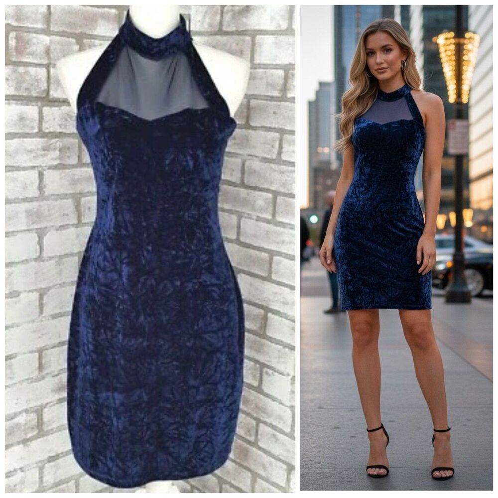 Foreign Exchange Cocktail Dress Womens Large Blue Velour Halter Sexy Party